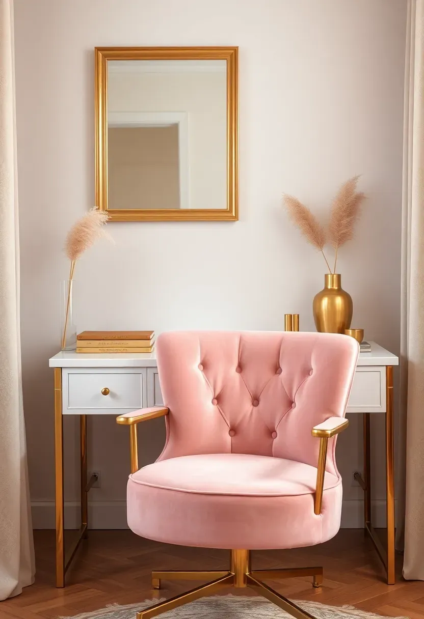 Feminine home office with blush velvet chair, white lacquer desk, gold-framed mirror and dried pampas grass in diffused light