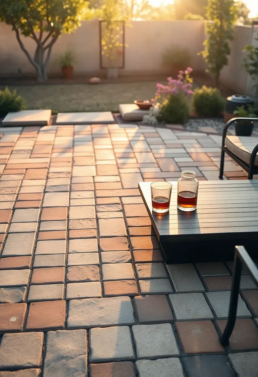 Ashlar random pattern pavers in mixed warm brown and tan tones on a backyard entertaining space