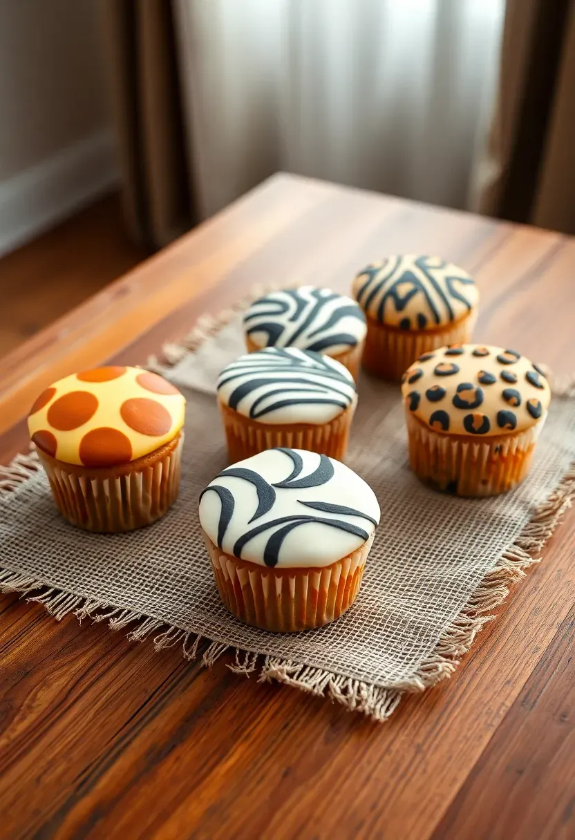 safari themed cupcakes with leopard print, giraffe spot, and zebra stripe frosting patterns on a burlap runner