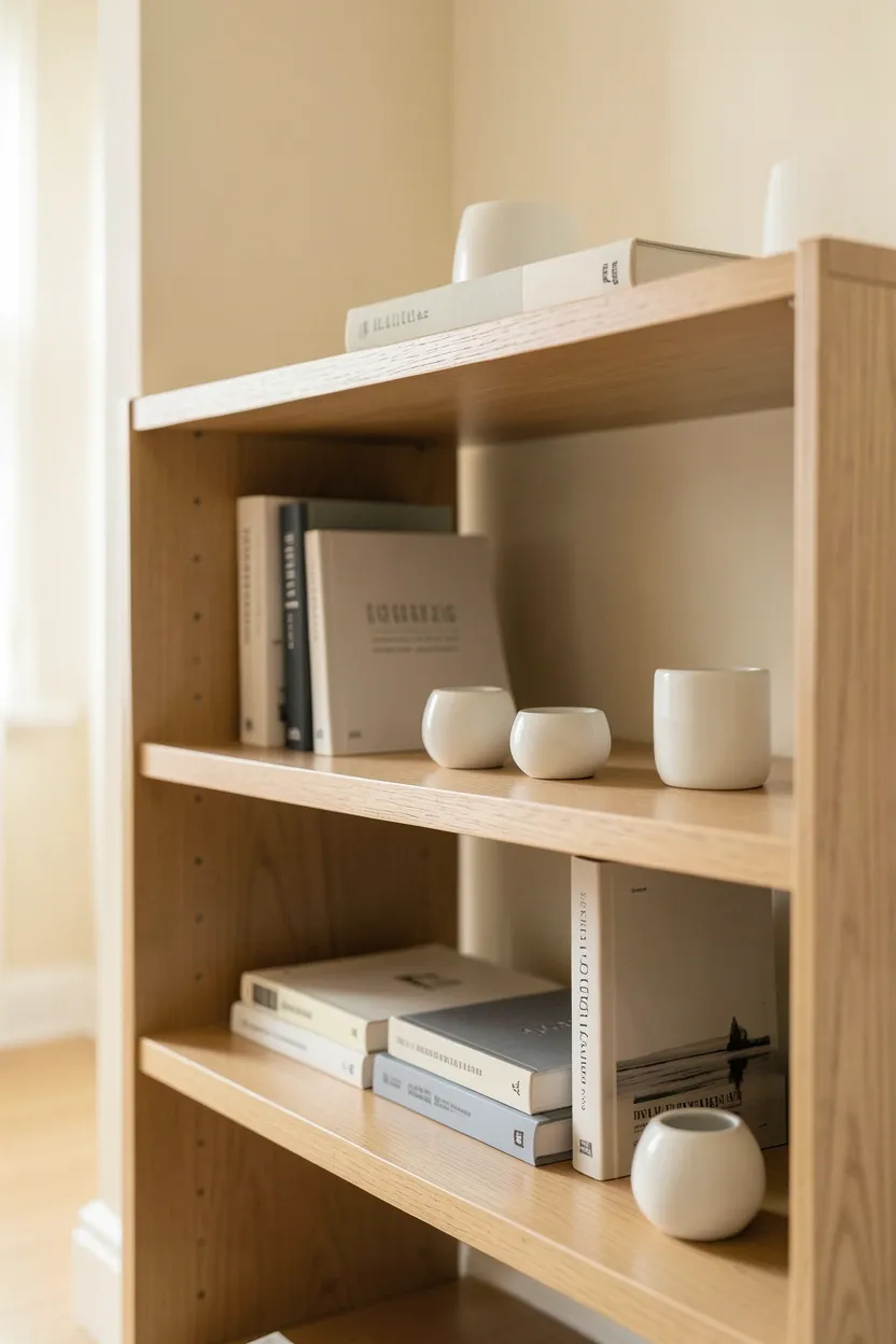 Low light wood open bookshelf used as a room zone divider in a japandi small apartment bedroom