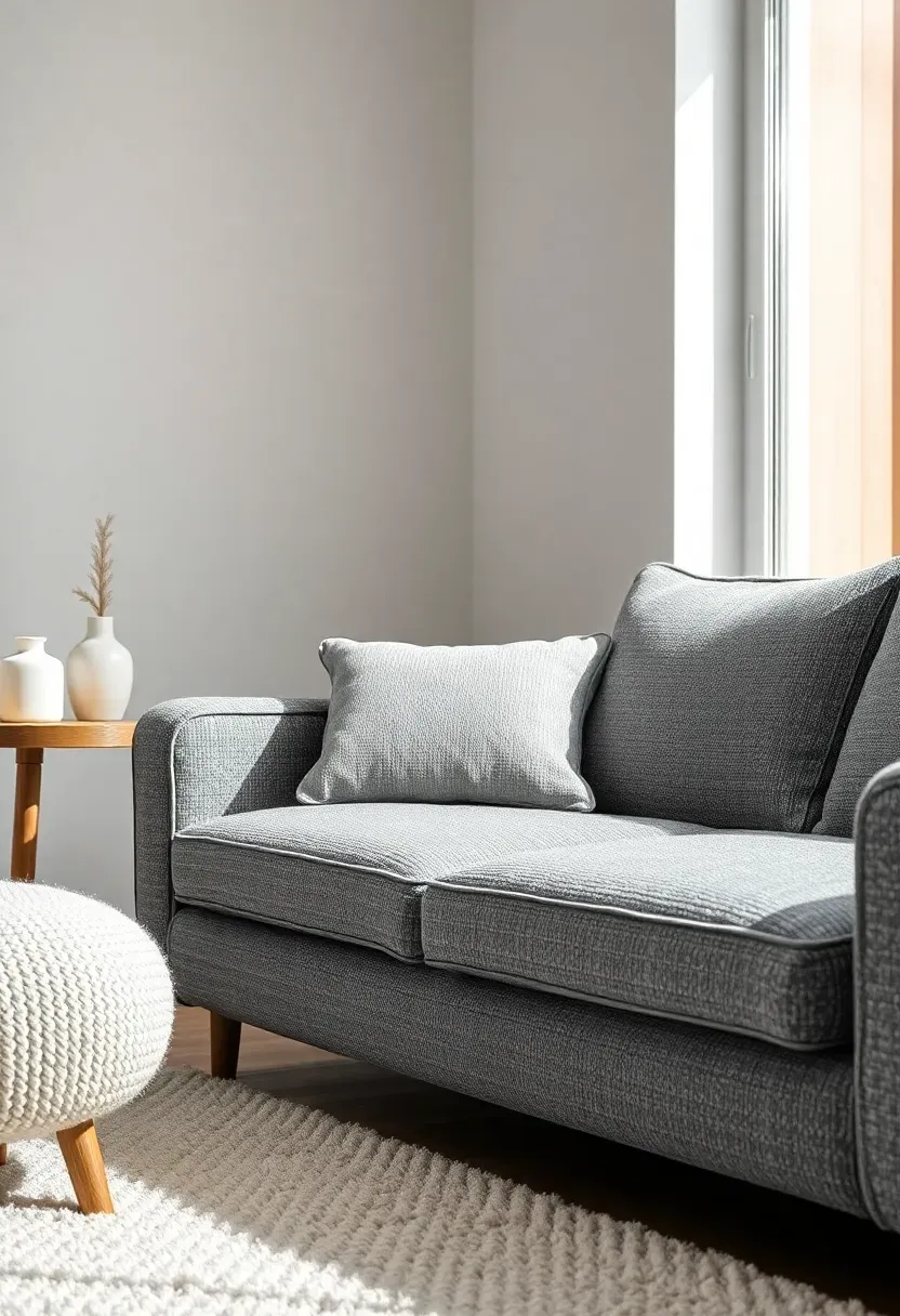 Hyper-realistic close 3/4 view of minimalist living room with textured bouclé gray sofa showing visible looped yarn texture, white walls, light wood side table, white wool area rug. Materials: nubby bouclé gray fabric with visible texture, smooth white walls, light oak wood, plush wool rug. Soft diffused natural light (5500K), gentle shadows highlighting fabric texture, cozy tactile atmosphere. Textured minimalist mood, shallow depth of field, hyper-sharp fabric details, calm composition, no clutter, no text, no logos.</p>