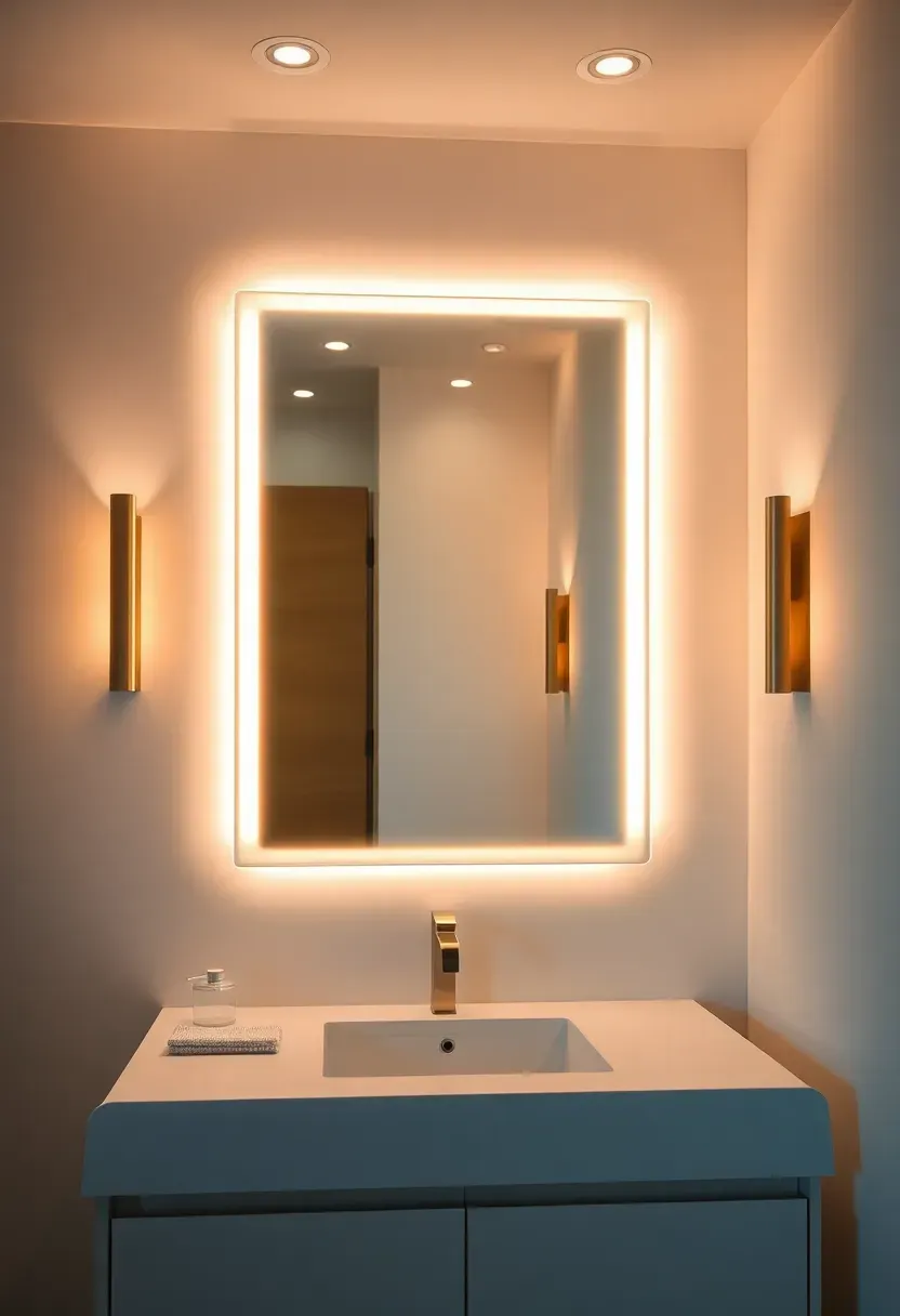 spa style layered bathroom lighting with backlit mirror and recessed ceiling lights