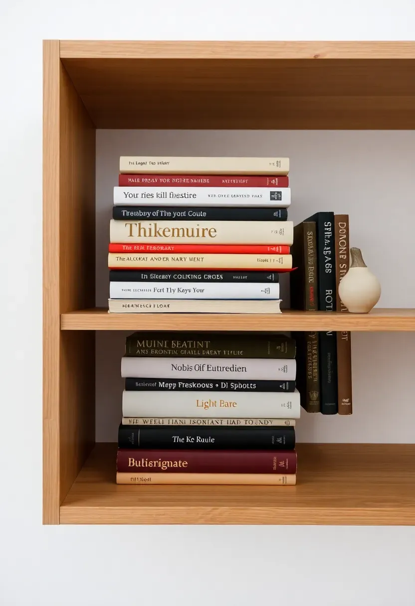 Hyper-realistic view of minimalist bookshelf against white wall showing exactly 10 books — vertical stacking with visible negative space between each book, one small ceramic object as accent, no overstuffing, light oak shelf, white wall. Materials: white painted wall, oak wood shelf, curated books, one ceramic piece. Intentional limited display mood, shallow depth of field, no text, no logos.</p>