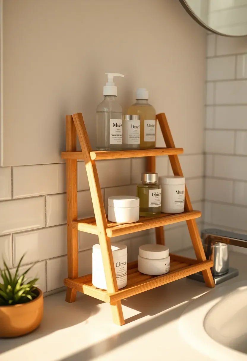 Tiered wooden step shelf on a bathroom counter repurposed from a spice rack holding small bottles and jars