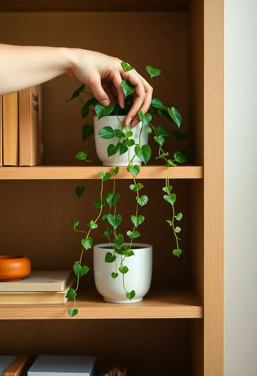 Hands placing a trailing pothos in a white ceramic pot onto a lower bookshelf section — green tendrils cascading over the shelf edge, books and ceramics visible in neighboring sections