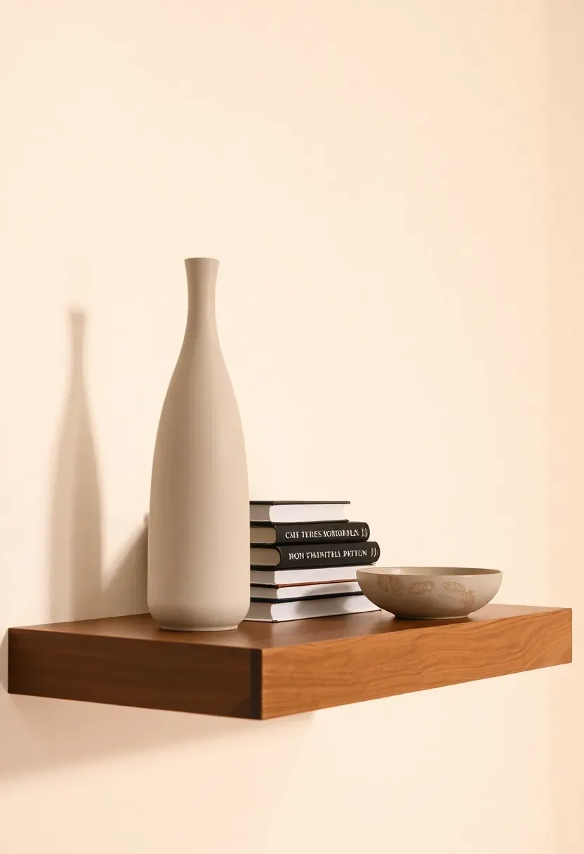 Side view of floating shelf showing height variation — a 30cm vase, a 15cm book stack, and a low 8cm ceramic bowl create a clear ascending and descending rhythm from left to right
