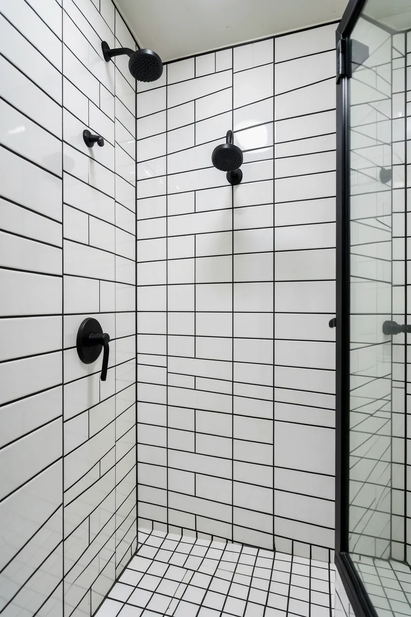 White subway tile shower with black grout lines and matte black fixtures in a modern farmhouse master bathroom