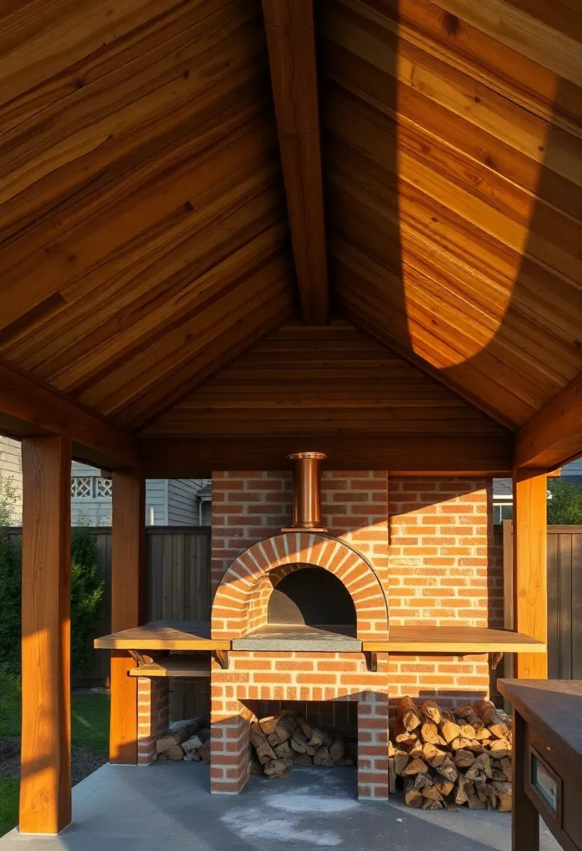 A backyard pavilion with a thick cedar shake roof showing rich brown tones and natural texture, supported by rough-sawn timber posts, with a wood-burning pizza oven visible beneath