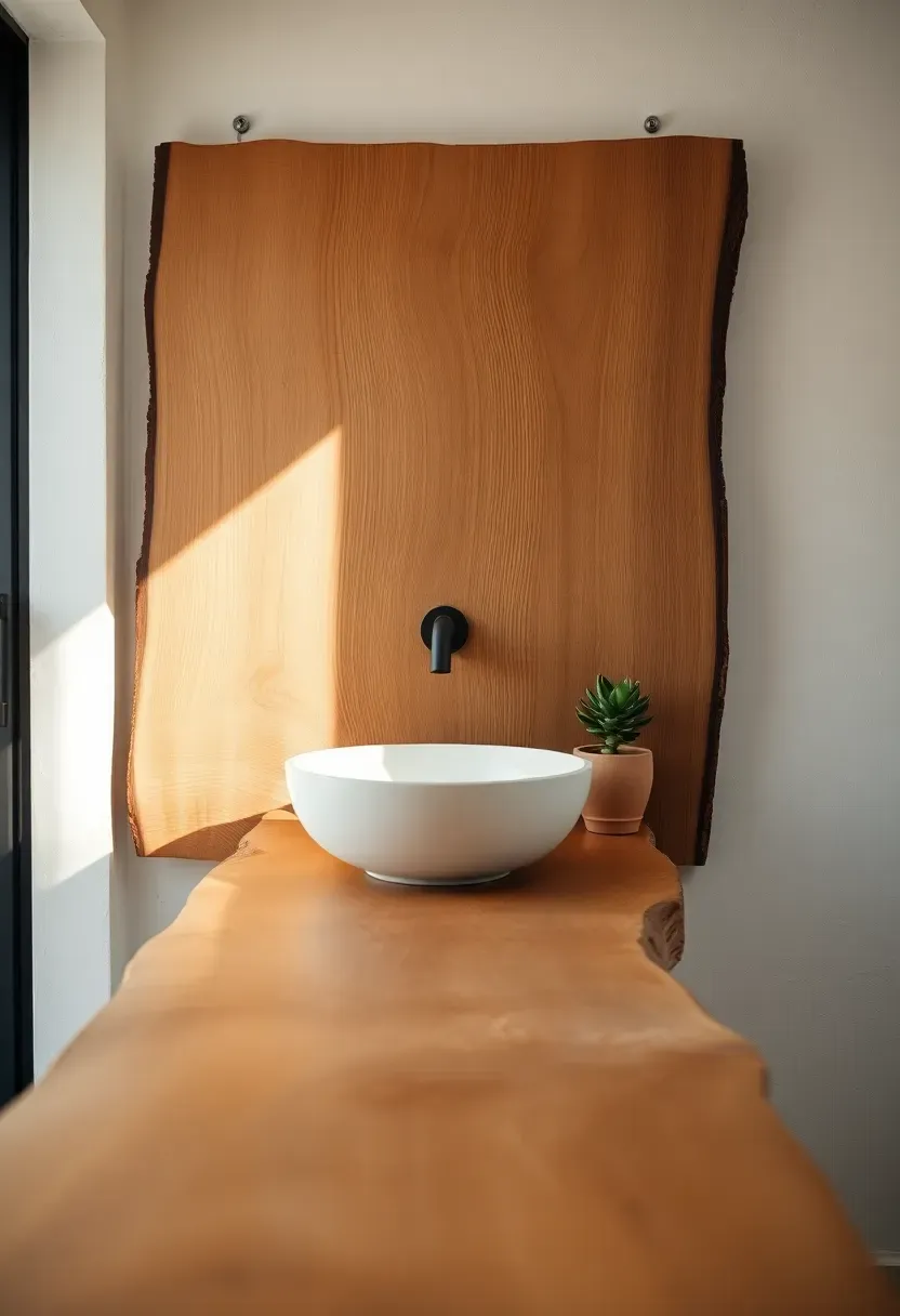 Live-edge wood slab bathroom countertop made from light maple with natural bark edge and vessel sink