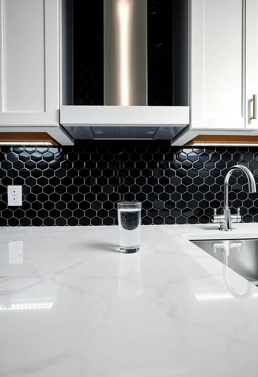 black hexagonal mosaic tile backsplash creating bold contrast in a white kitchen with quartz countertops and chrome fixtures