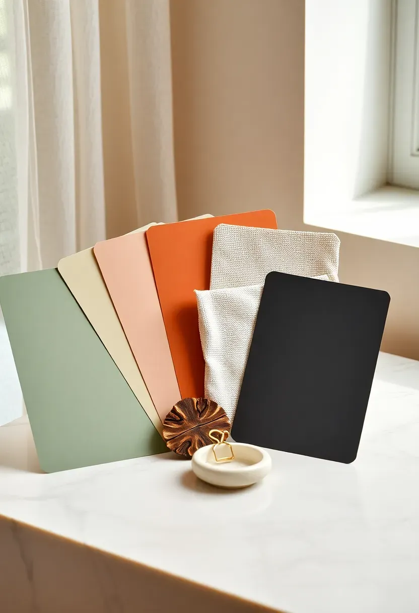 Color palette swatches arranged in 60-30-10 proportions beside interior fabric samples