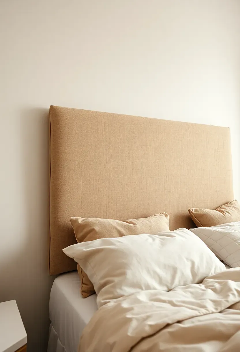 DIY upholstered headboard in a dorm room made with foam board and linen fabric