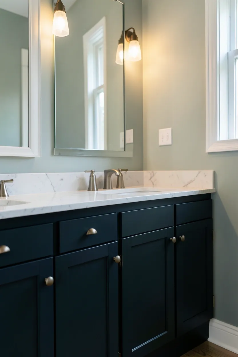 Muted vintage-style rug with warm reds and blues placed in front of a bathtub on white tile in a small rental bathroom