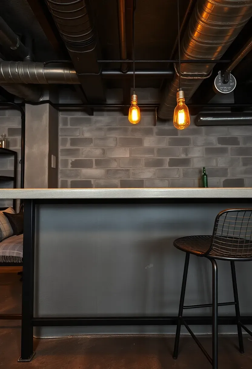 industrial style basement bar with raw concrete countertop blackened steel frame exposed ductwork and Edison bulb pendants