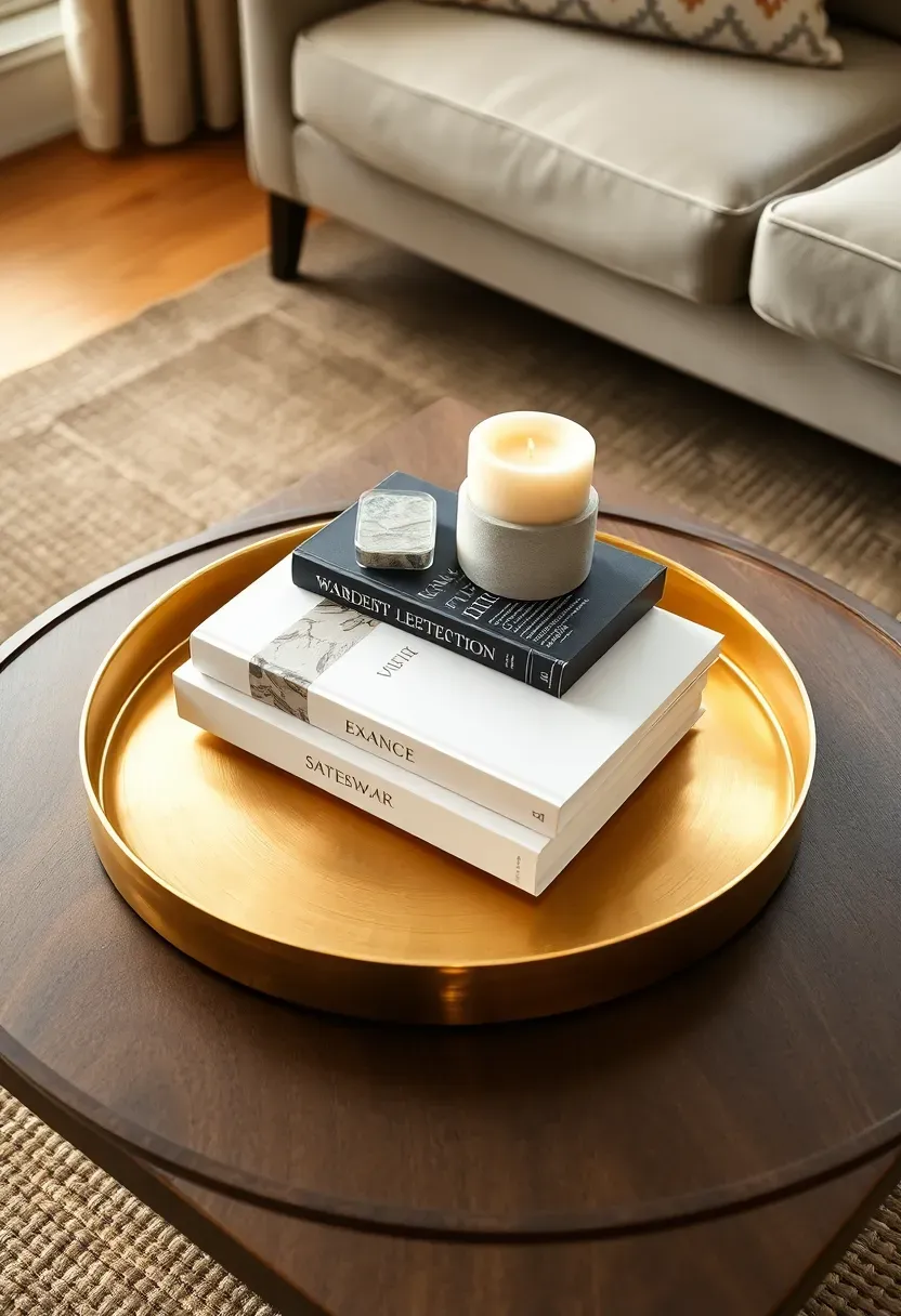 Two round trays of different sizes stacked on coffee table creating layered display