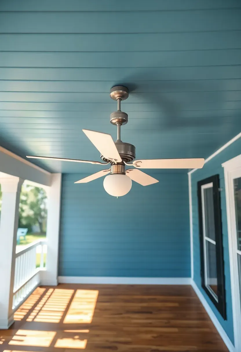 Ranch porch haint blue ceiling with white ceiling fan and painted bead board visible