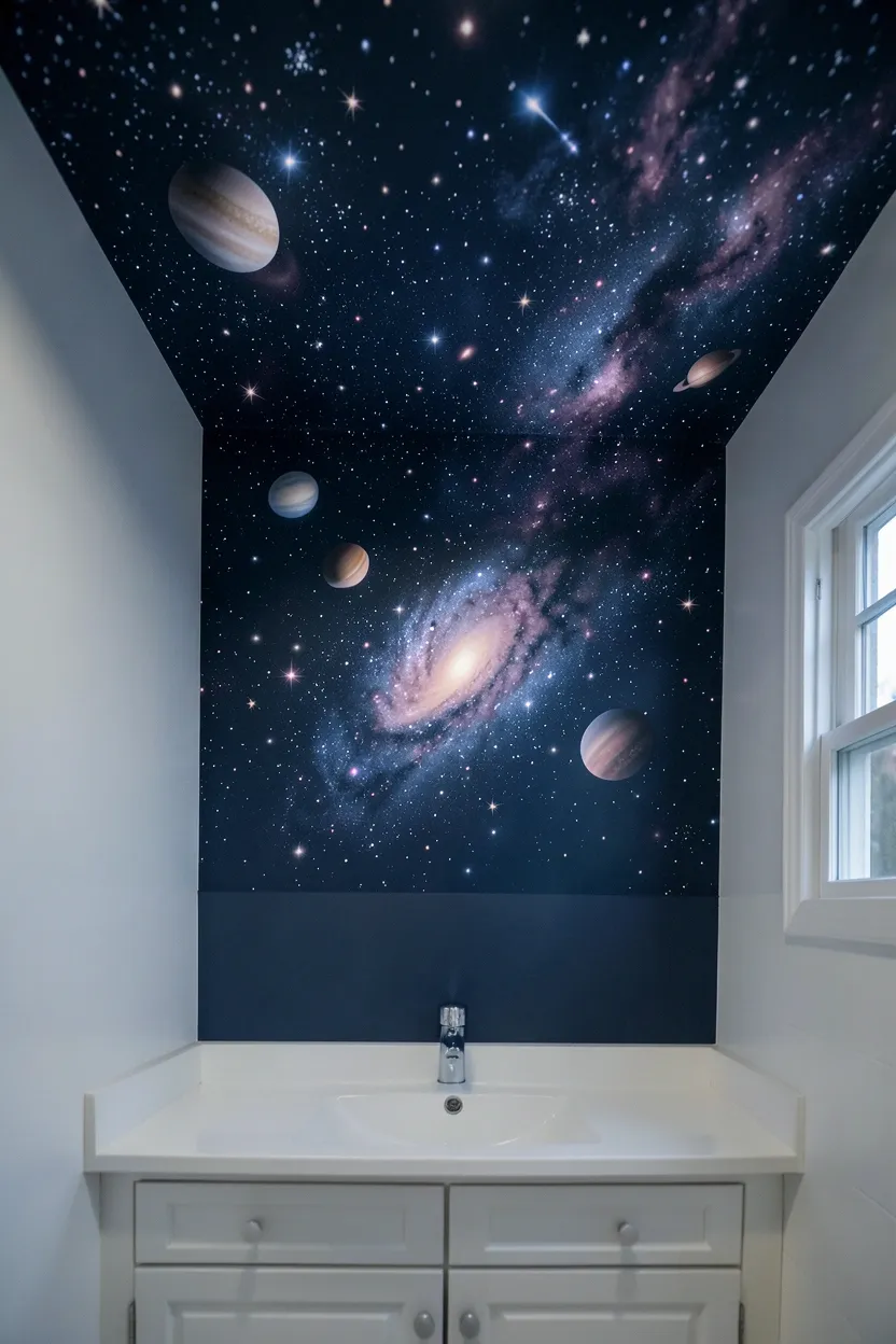 Toca Boca bathroom with deep navy galaxy ceiling painted with stars and nebula effects, white walls