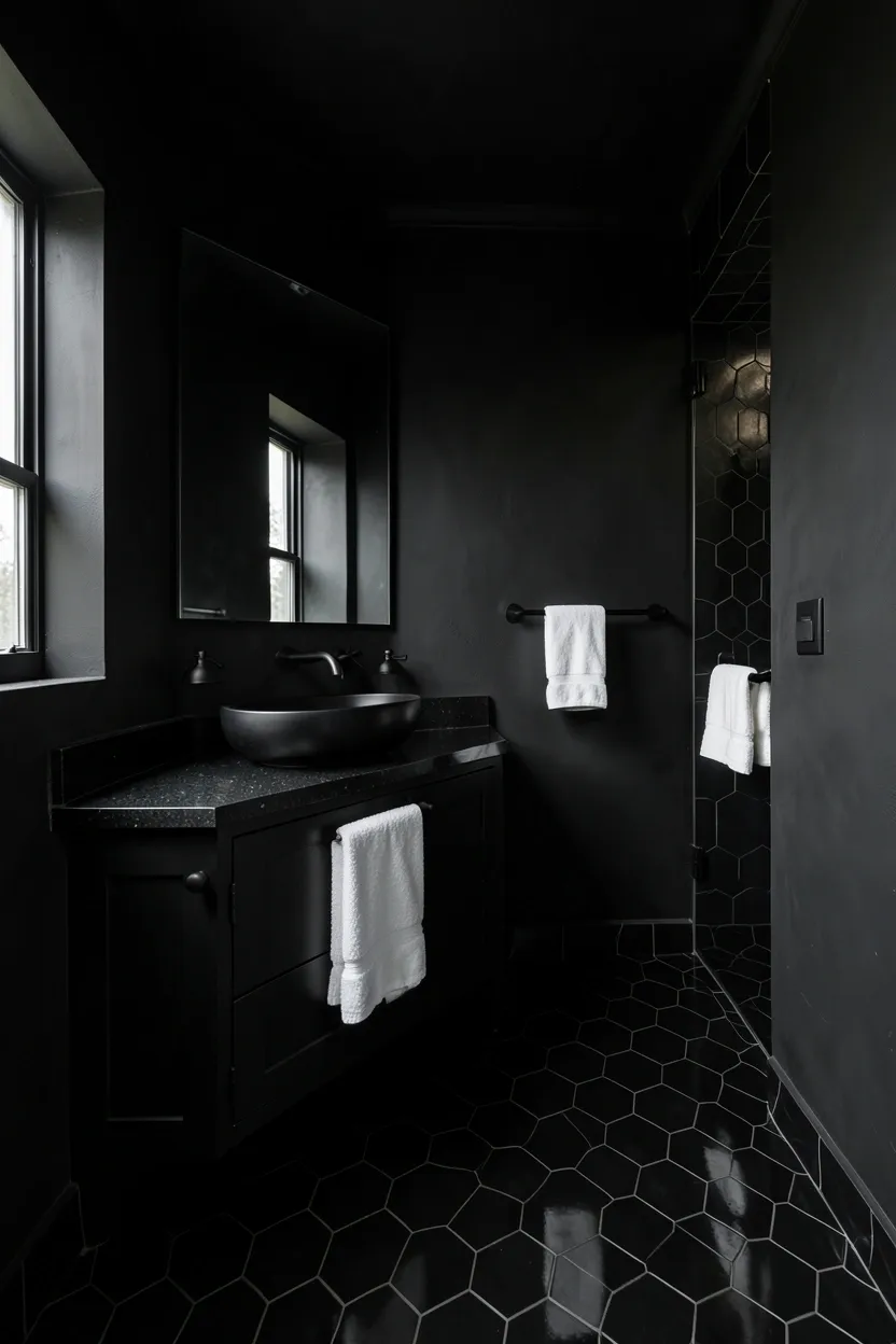 Hyper-realistic 3:2 wide shot of a luxurious dramatic black monochromatic bathroom featuring matte black walls, glossy black hexagon floor tiles, matte black vanity with black quartz countertop, black vessel sink, black nickel fixtures, white towels as contrasting accent. Natural light. Materials: matte black plaster, glossy black hexagon tiles, matte black painted wood, black quartz, matte black ceramic sink, black nickel fixtures, white cotton towels. Immersive monochromatic black palette. Varied black finishes for depth. Sophisticated dramatic aesthetic. No text, no logos, no watermarks.</p>