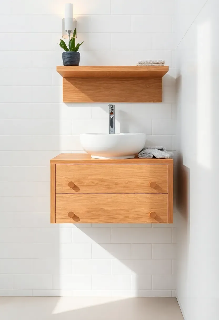 Floating bathroom vanity cabinet in light oak with two drawers mounted on a white tiled wall