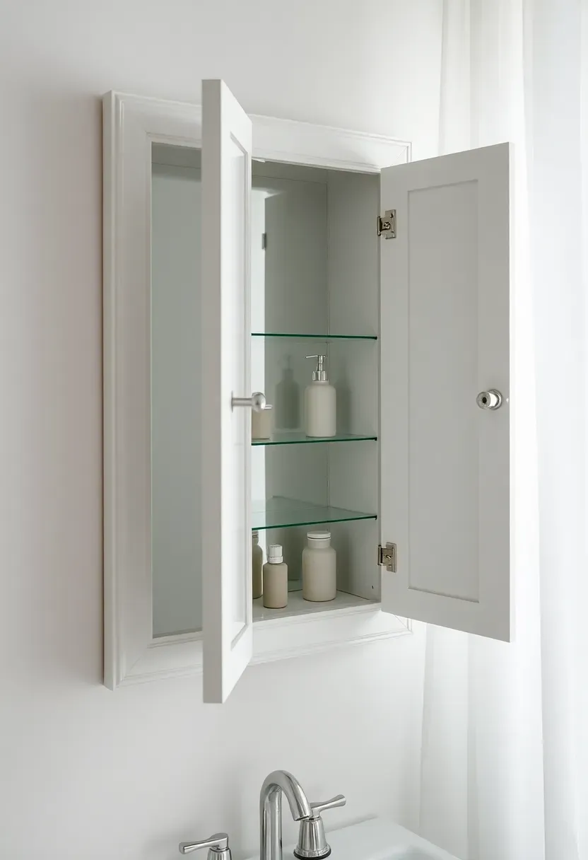 Recessed medicine cabinet with mirrored door open showing organized shelves of toiletries in a white bathroom