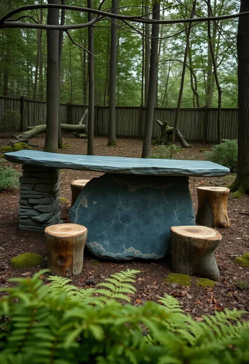 A thick natural stone slab table with four short log stools around it in a rustic backyard clearing with ferns and moss