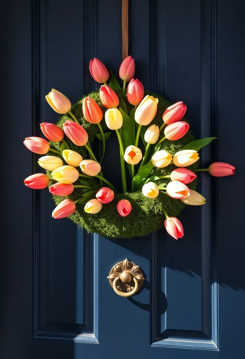 vibrant tulip Easter wreath with red pink and yellow tulips bursting from a green base