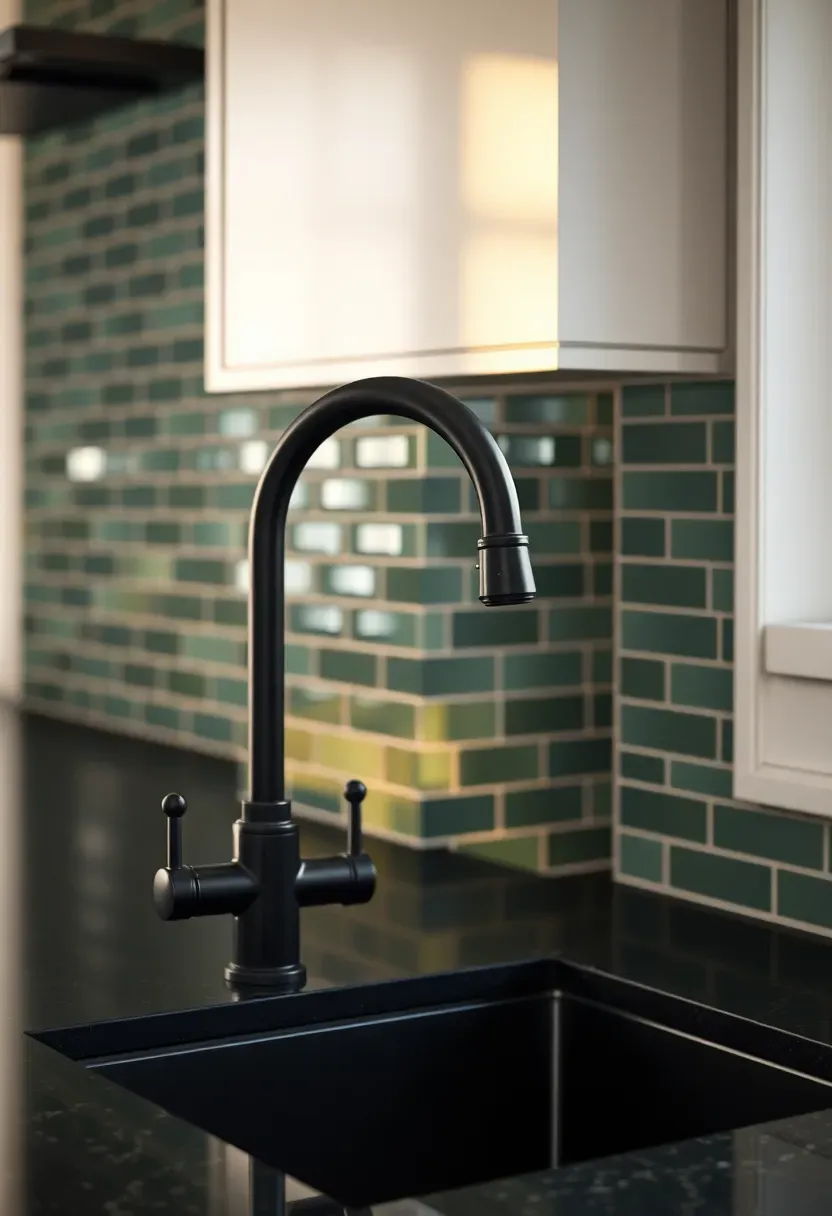 matte black Schluter Rondec edge trim on dark green zellige backsplash tile in contemporary kitchen with black fixtures