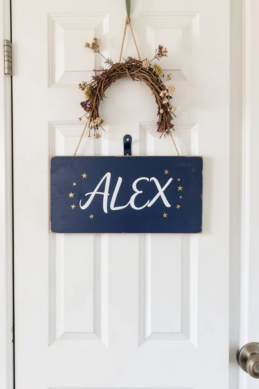 Personalized painted wood door sign on a teen bedroom door with name and decorative string lights