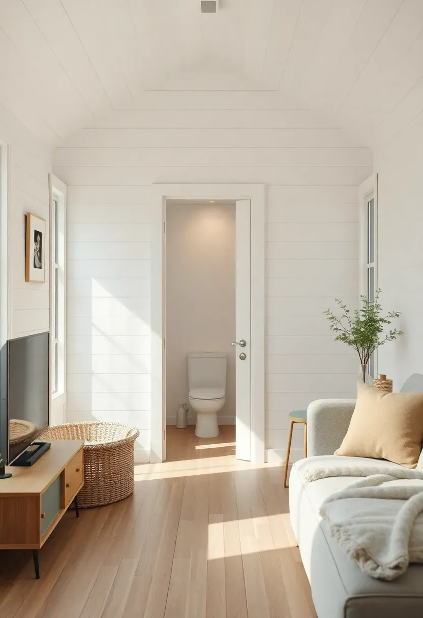 Hyper-realistic view of modern tiny house living area with hidden bathroom door closed, appearing as continuous wall. Materials: white shiplap walls, light wood flooring, minimalist furniture. Soft ambient lighting, slight shadows hinting at door seam. Clean composition with door barely visible as wall element. No visible hardware or handles. No text, no logos, minimalist interior magazine style.</p>