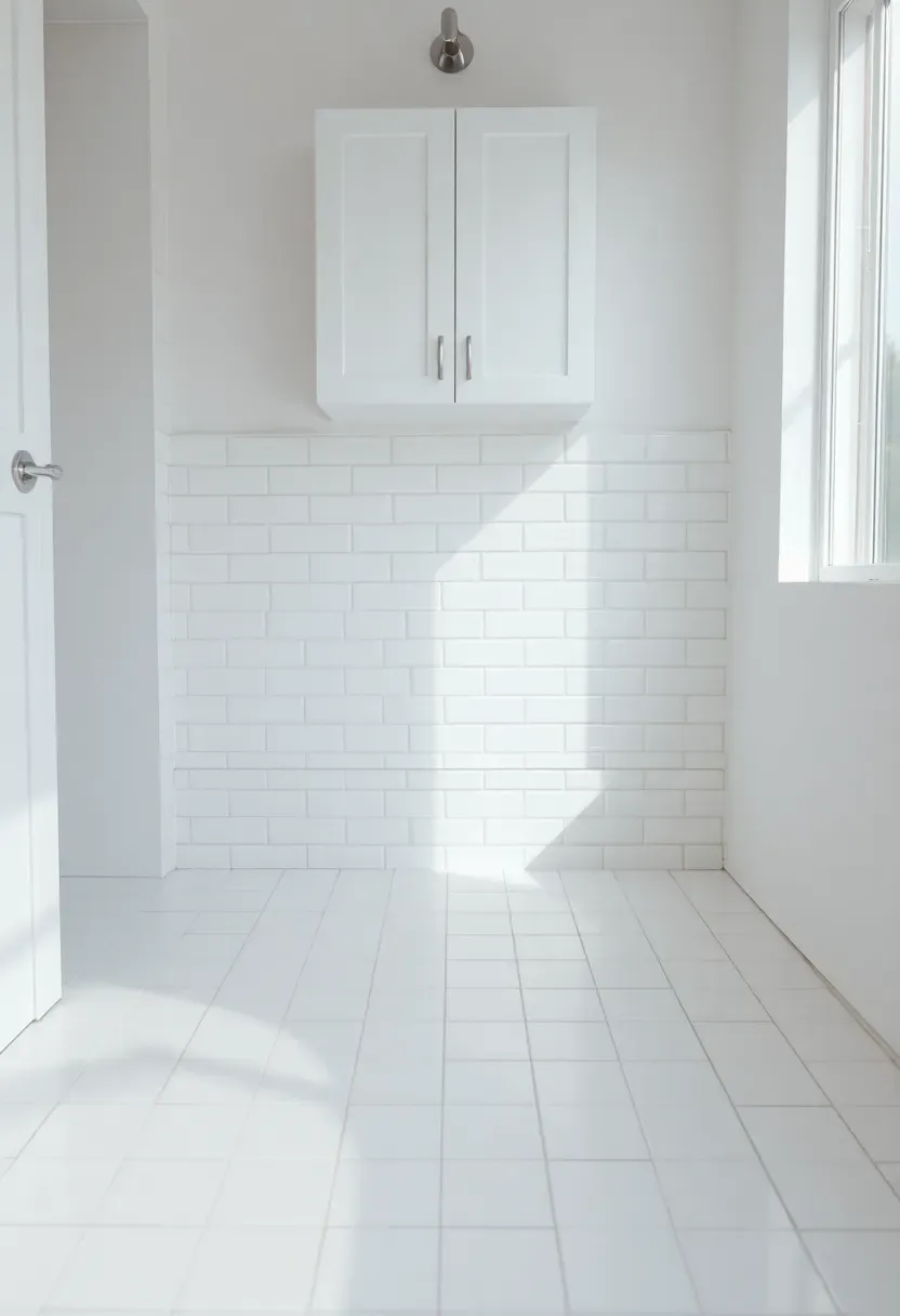 White subway tile laid in a stack bond pattern on a bathroom floor with light grey grout