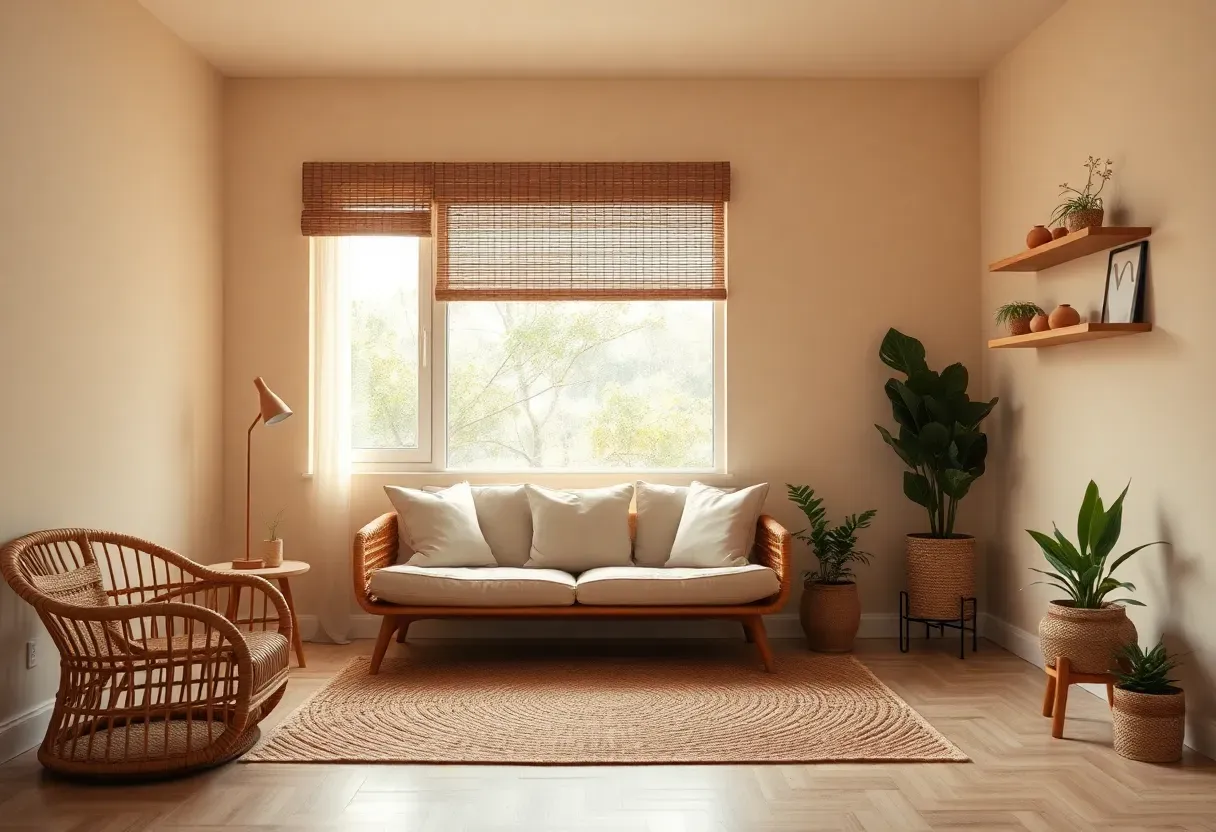 Boho minimalist living room with rattan furniture, layered jute rug, and neutral earth tones in a cozy small apartment