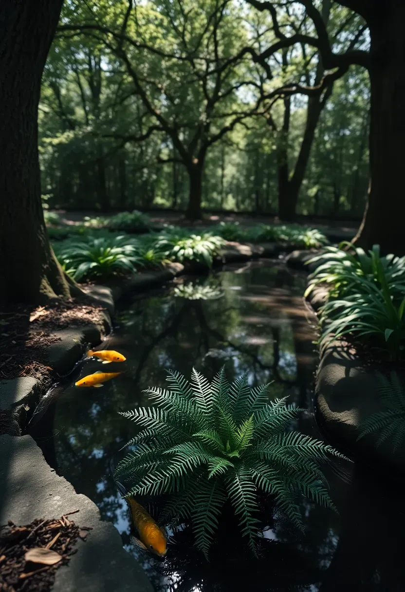 Shaded woodland koi pond beneath mature oak trees with dappled sunlight on the water and ferns along the banks