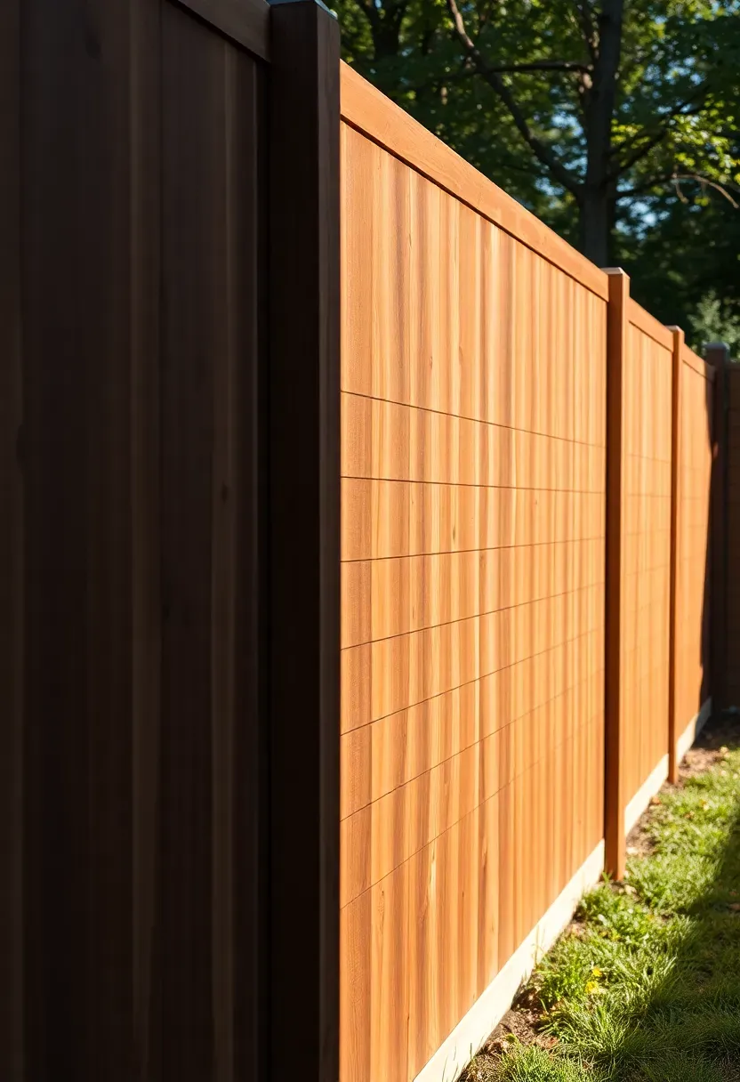 New horizontal cedar privacy fence with dark stain replacing an old chain-link fence along a backyard property line