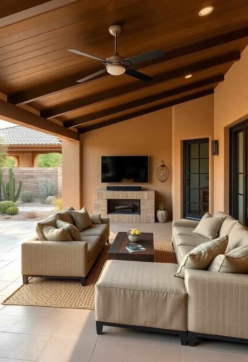 Fully furnished outdoor living room under a solid patio cover with sectional sofa, outdoor television, area rug, and desert garden views in a Gilbert Arizona home