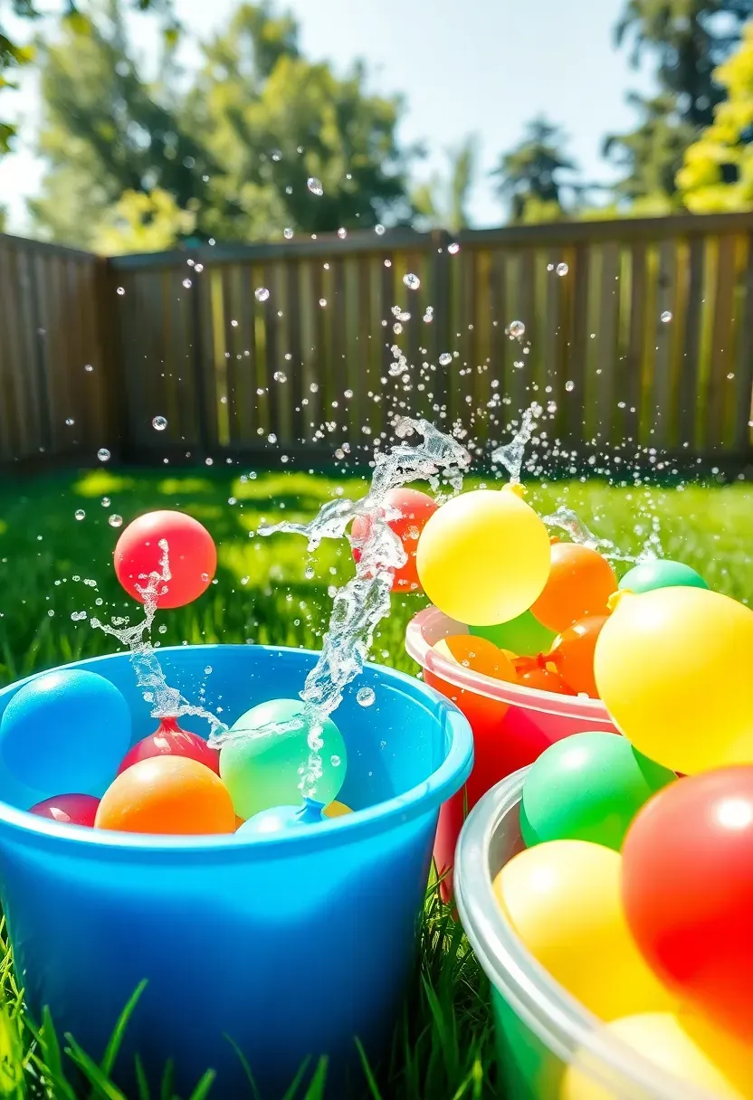Kids having a water balloon fight in a green backyard on a sunny summer day with filled balloons in buckets