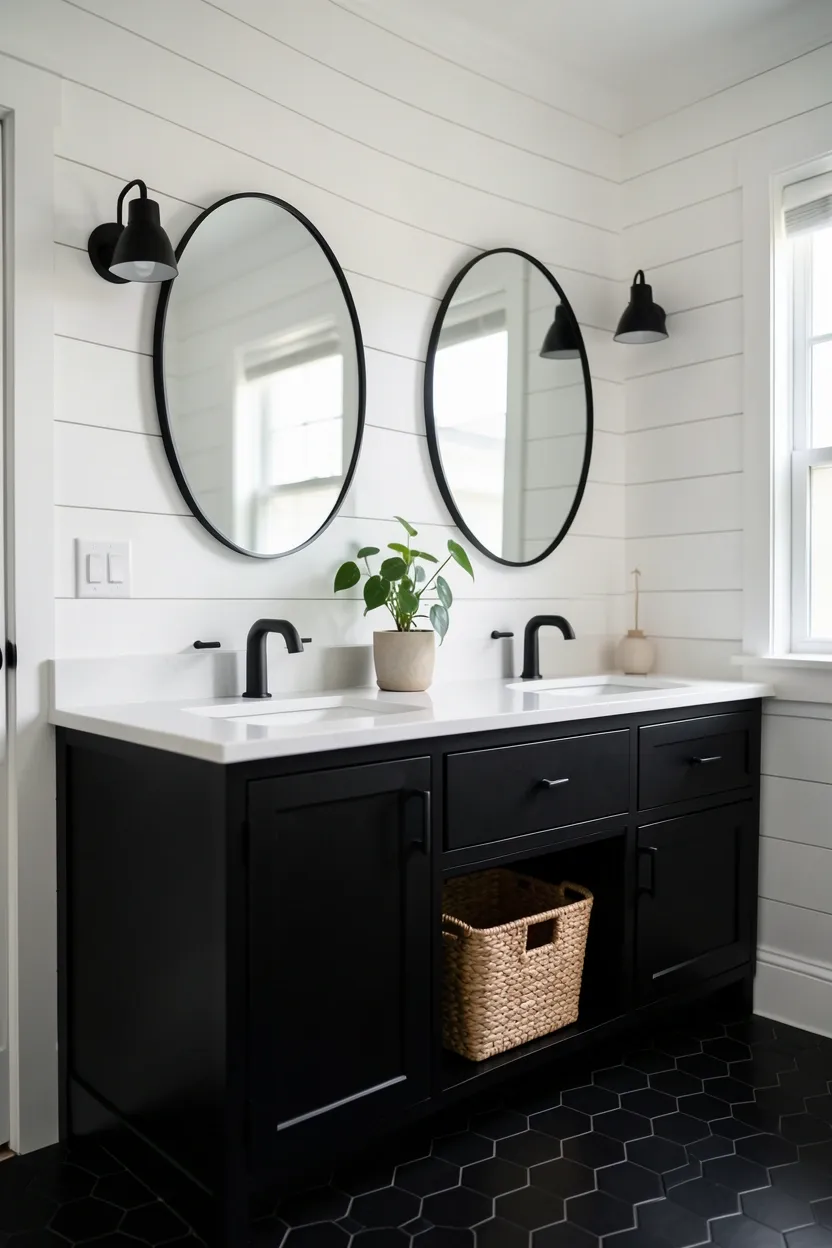 Matte black double vanity with white quartz countertop and black hardware — bold modern black and white bathroom