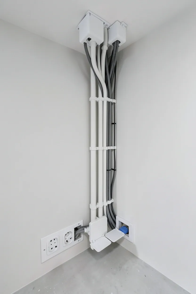 Minimalist home gym with completely hidden power cables routed through white walls — clean cord-free workout space with wall-mounted equipment