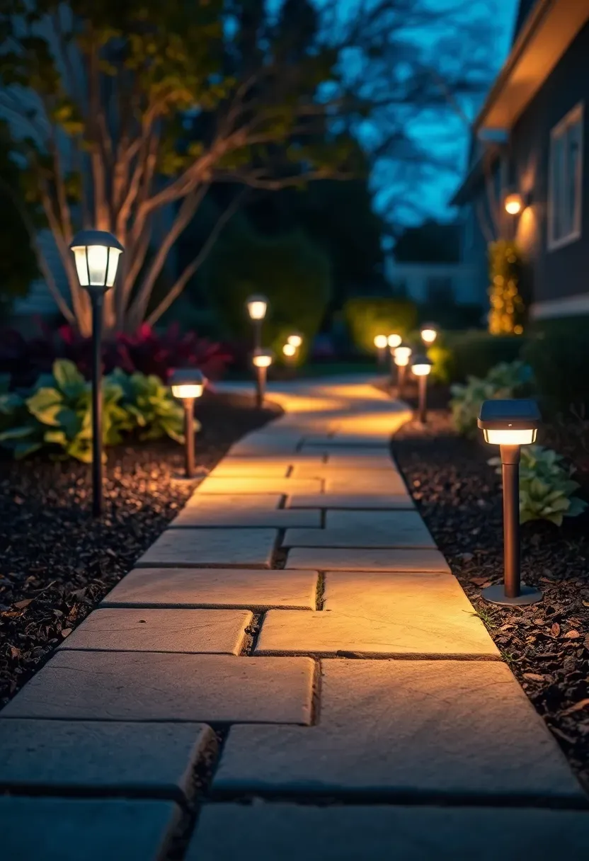 Backyard flagstone pathway illuminated by low solar stake lights on both sides glowing warmly at dusk with garden plantings