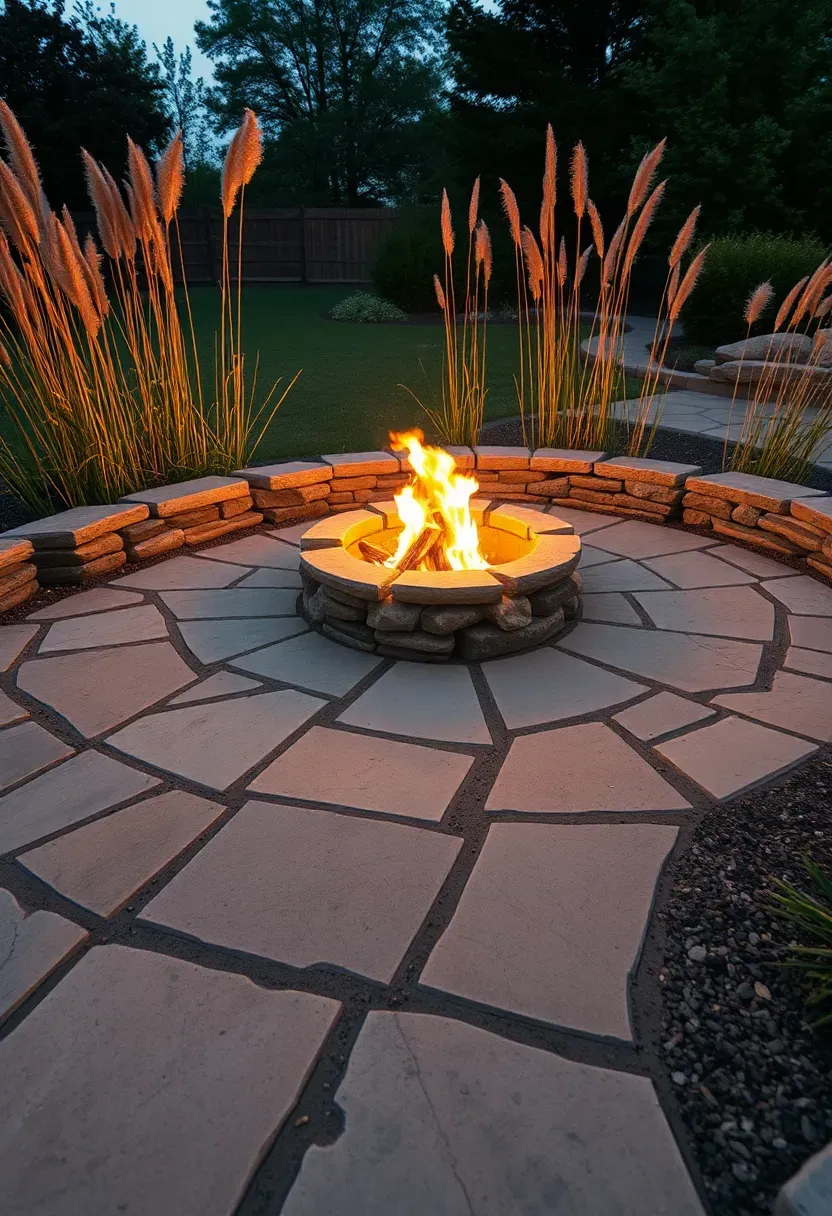 Natural flagstone patio with an irregular stone fire pit and tall ornamental grasses along the perimeter