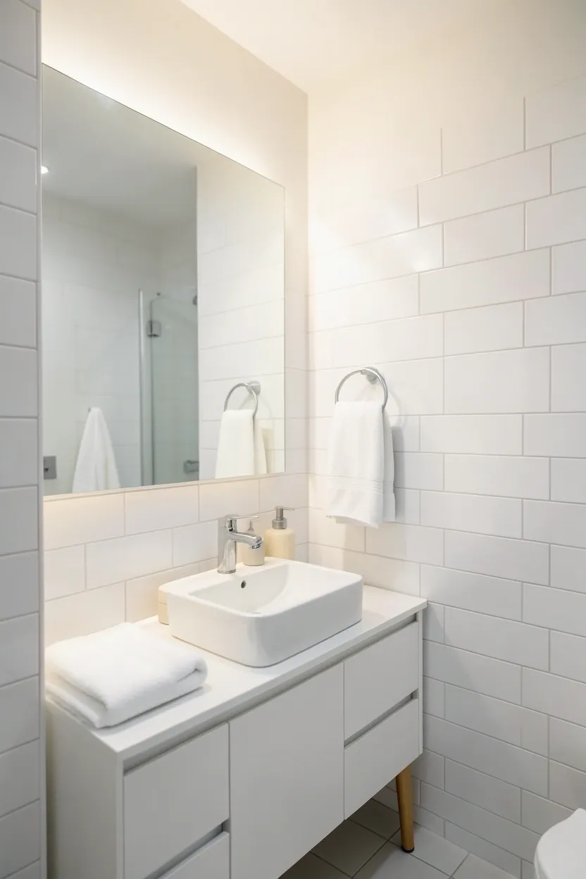 All-white monochromatic small bathroom with varying textures creating a spa-like feel in a rental space