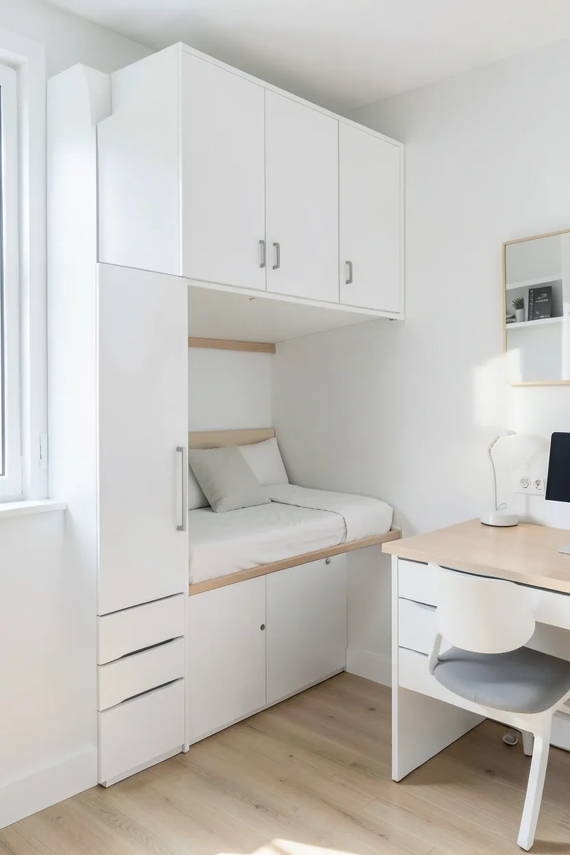 Fold-down wall bed lowered from a light oak cabinet in a small multi-purpose bedroom, revealing a comfortable sleeping surface