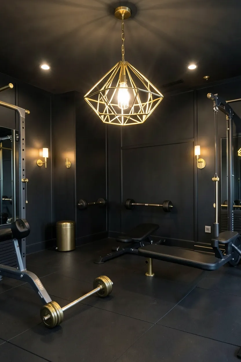 Charcoal grey luxury home gym with gold-accented statement chandelier casting warm amber light over the workout space