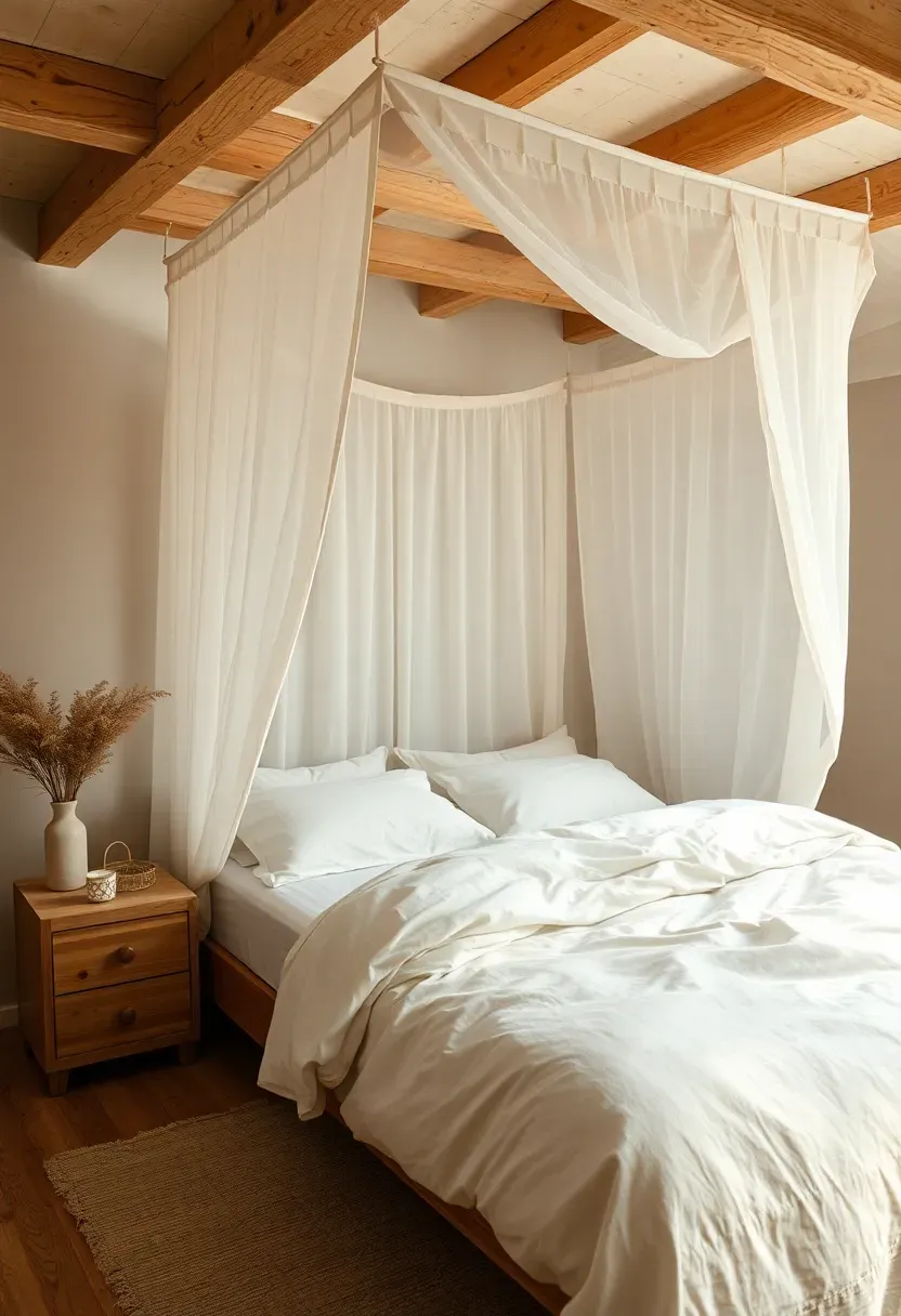 Exposed ceiling beams and a soft cotton canopy
