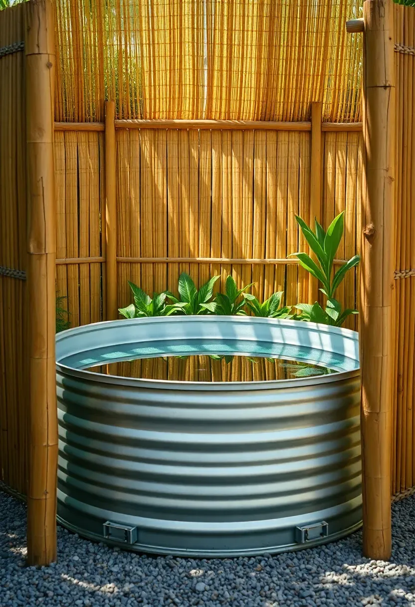 Stock tank pool enclosed by tall bamboo privacy screens on three sides with a gate entrance, lush greenery, and a stone pathway