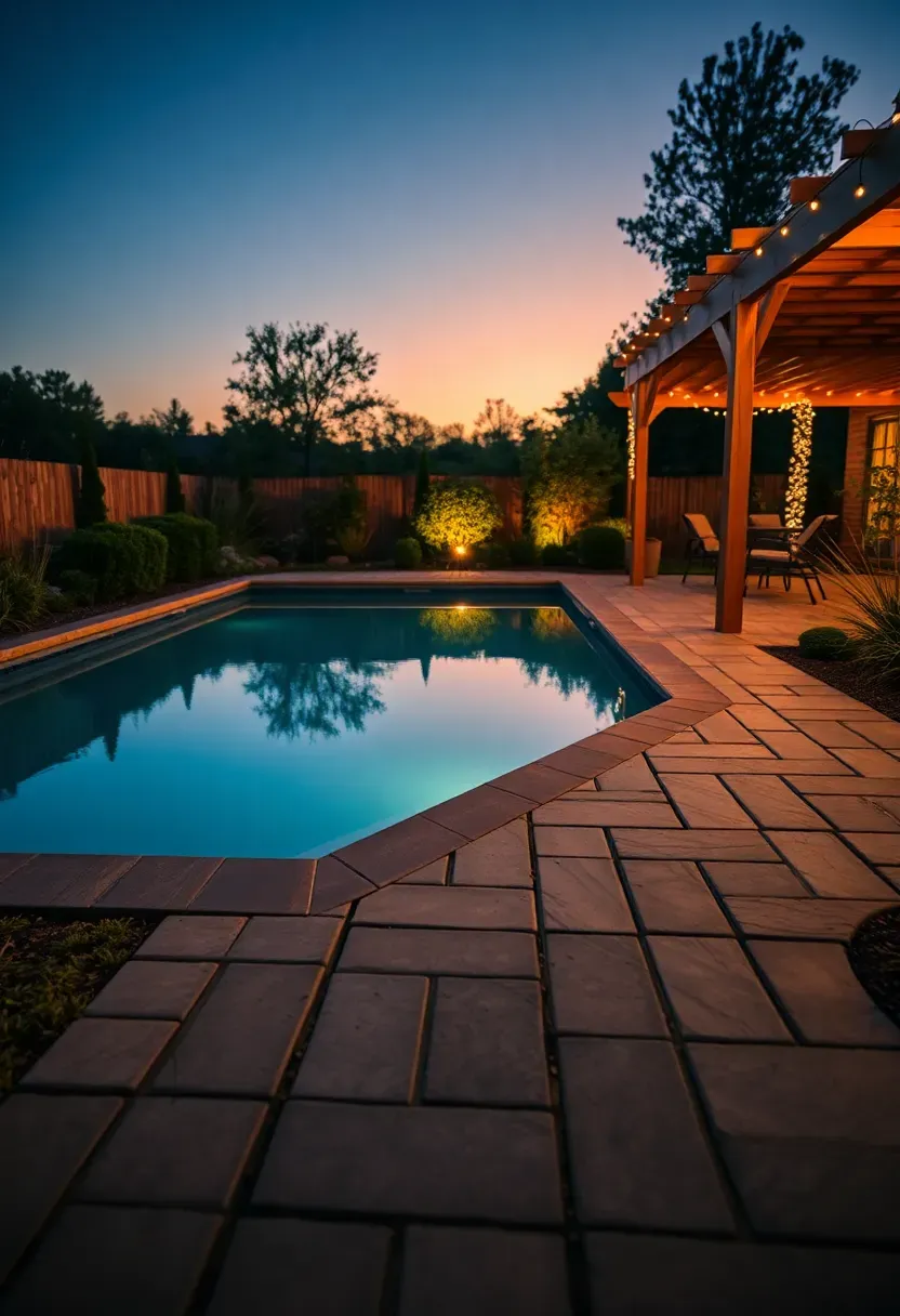 Photorealistic Lumion render of a backyard at dusk with warm outdoor lighting, swimming pool reflections, and landscaped garden borders