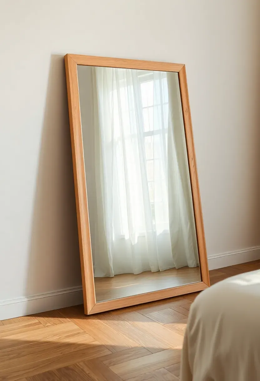 Minimalist mirror with light oak wood frame leaning against wall