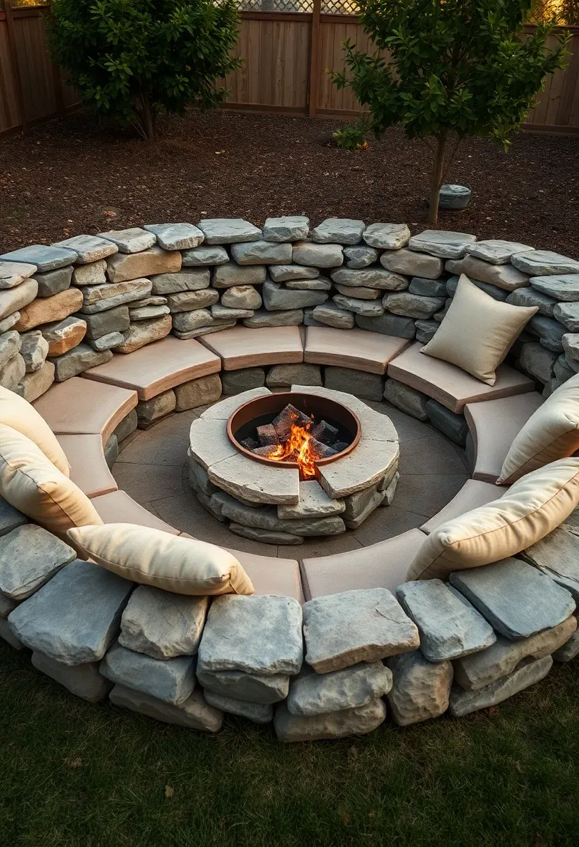 Low dry-stacked stone wall about two feet high used as casual seating around a backyard fire pit area with cushions placed on the flat cap stones