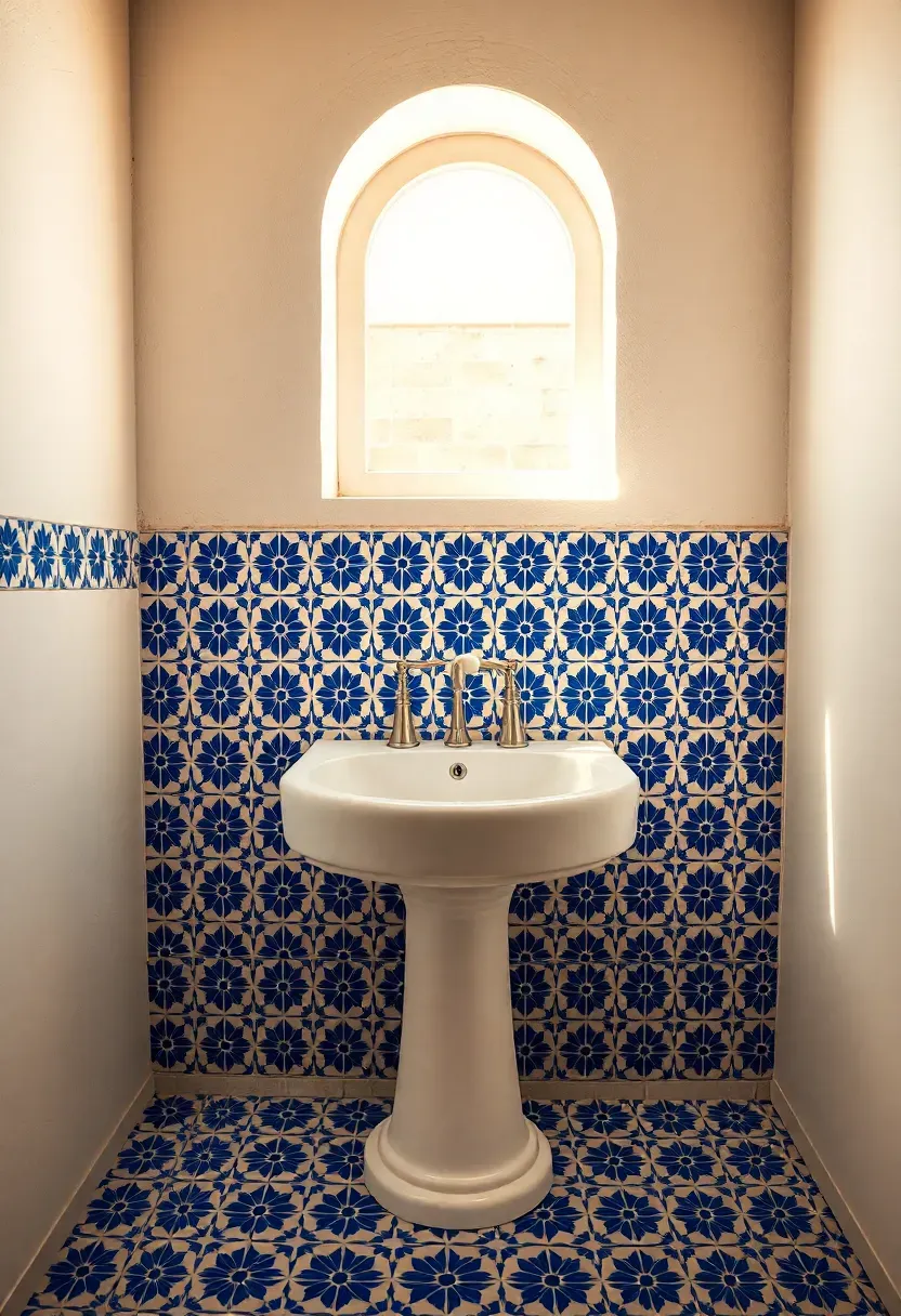 Vibrant patterned cement tile backsplash in blue and white geometric motif behind a white pedestal sink in a Mediterranean-style bathroom