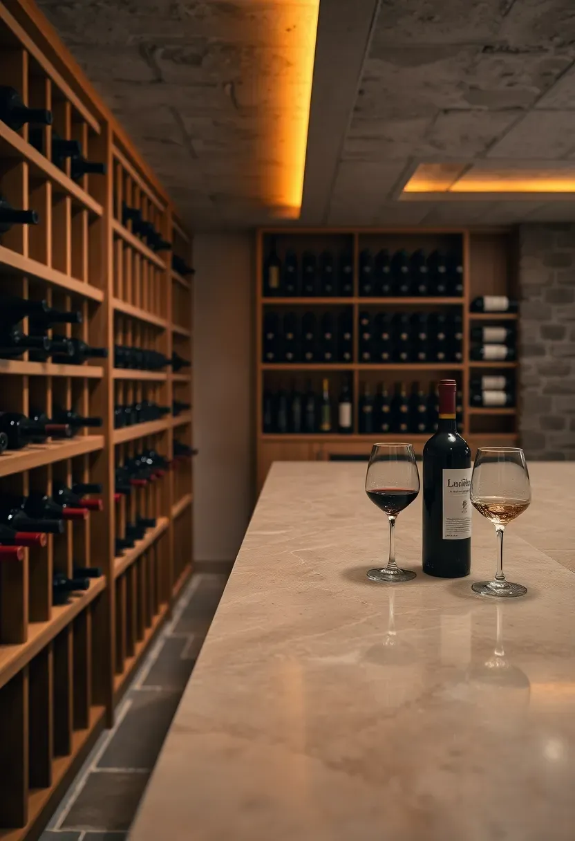 Basement wine cellar tasting bar with floor-to-ceiling wooden racking, honed soapstone counter, and recessed amber lighting