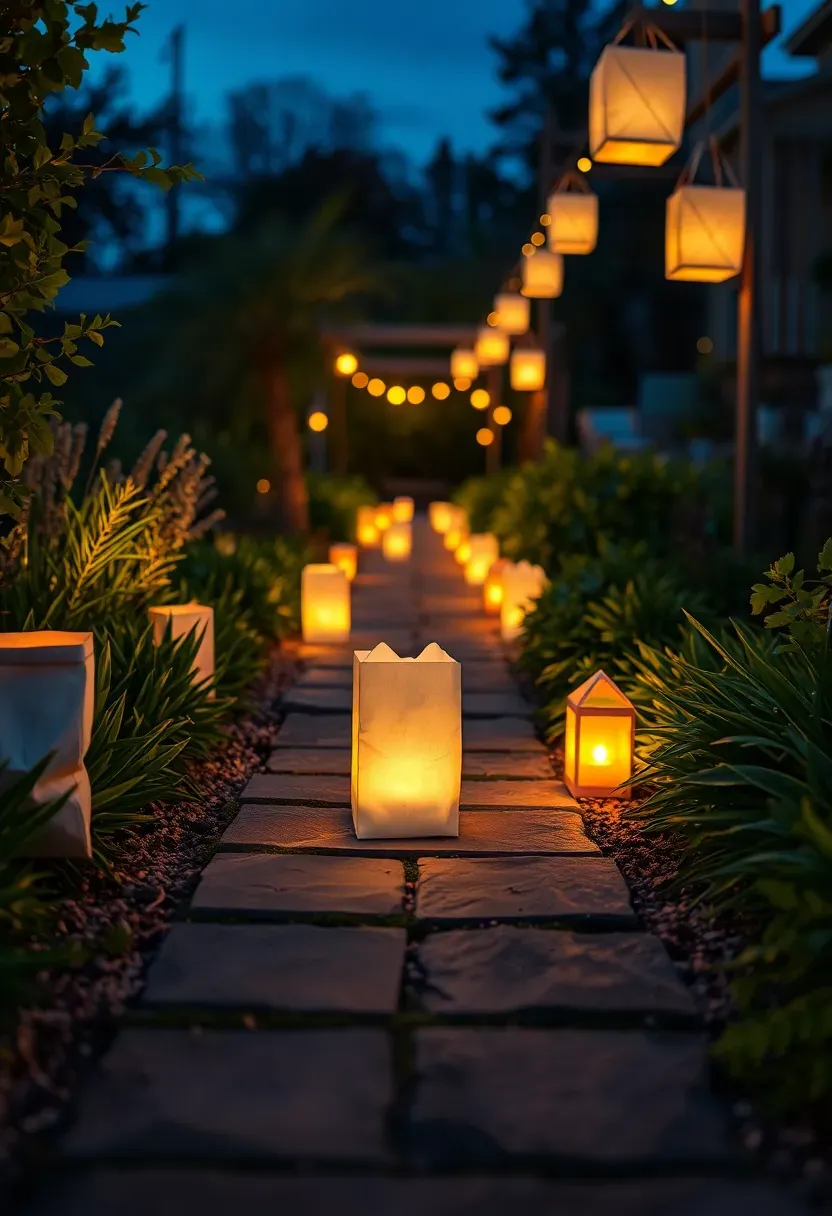 A garden path lined with glowing paper lanterns in soft pastel colors leading through a backyard at twilight for a birthday celebration